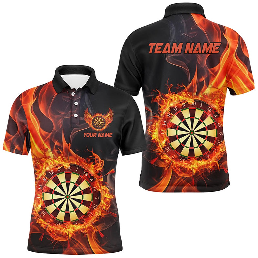 Personalized 3D Dart Board In Fire Burned Men Black Darts Shirts Custom Flame Darts Team Polo, Darts Team Polo Shirt