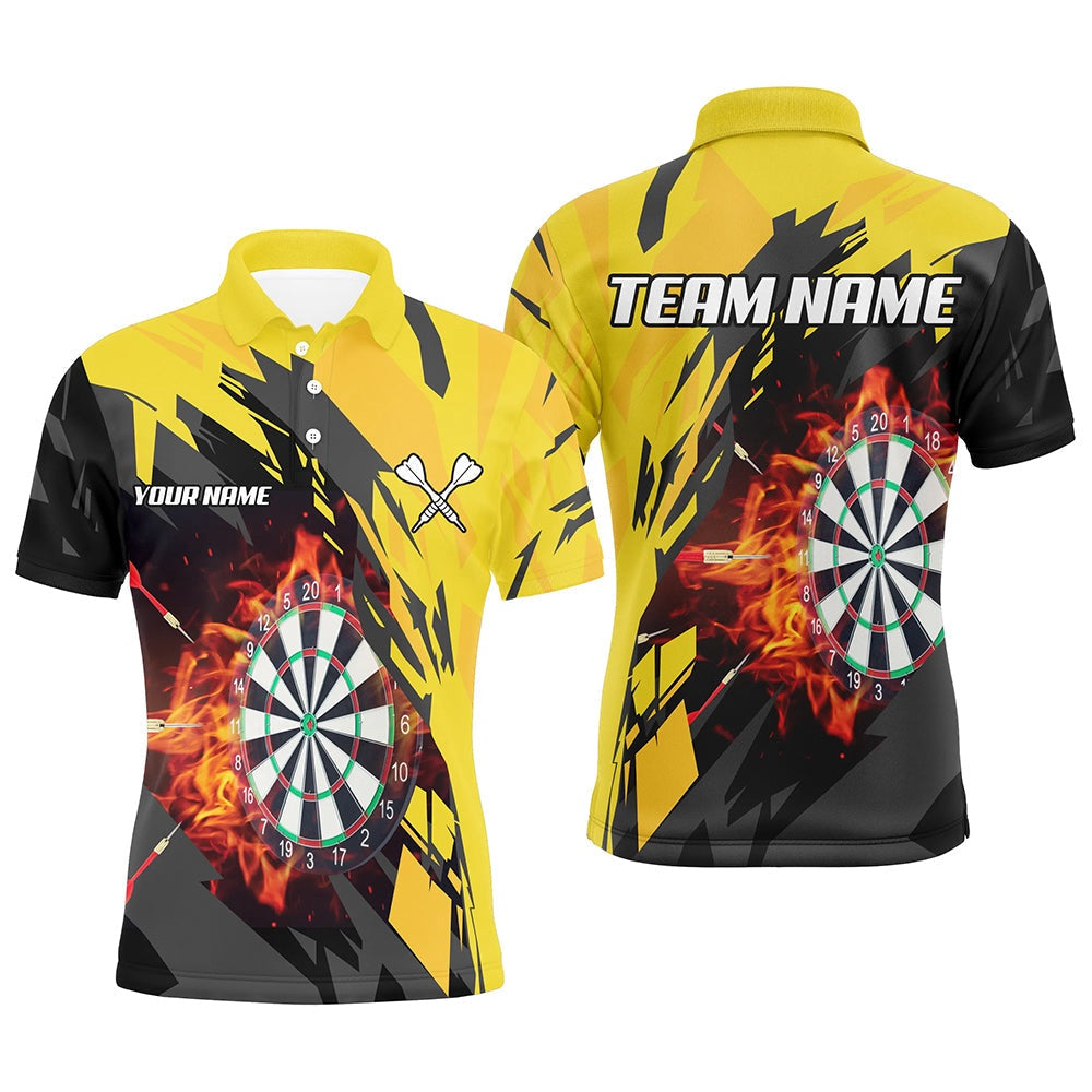 Personalized 3D Darts Board Fire Flame Men Darts Polo & Quartet-Zip Shirts, Yellow Darts Team Polo, Darts Team Polo Shirt