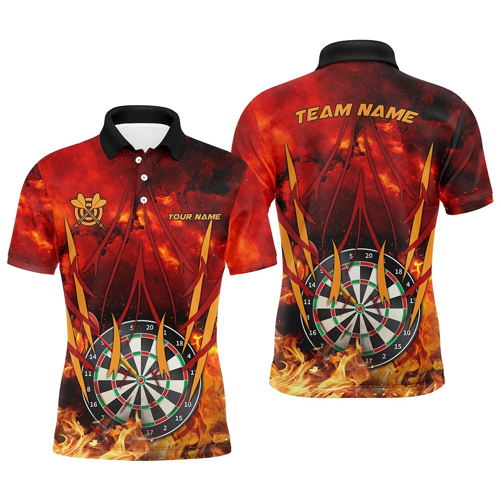 Personalized 3D Darts Board On Fire Men Darts Polo Shirts Custom Name Flame Darts Shirts For Player, Darts Team Polo Shirt