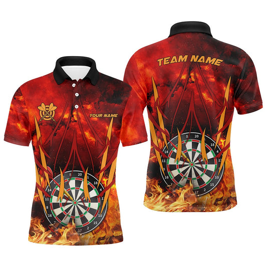 Personalized 3D Darts Board On Fire Men Darts Polo Shirts Custom Name Flame Darts Shirts For Player, Darts Team Polo Shirt
