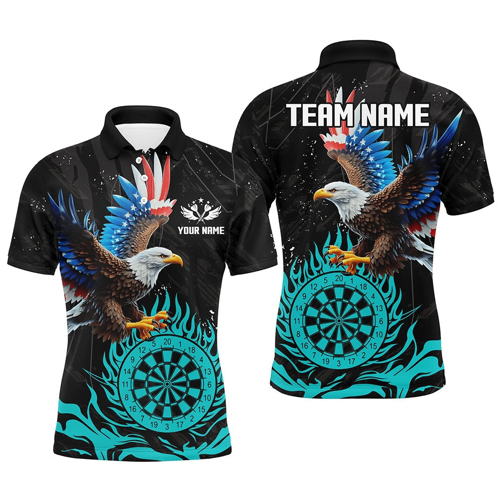 Personalized 3D Eagle American Flag Patriotic Darts Shirts For Men Custom Flame Darts Polo Cyan, Darts Team Polo Shirt