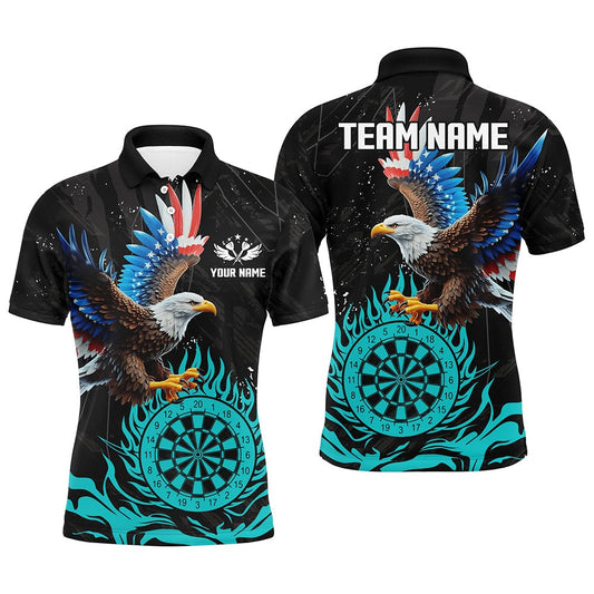 Personalized 3D Eagle American Flag Patriotic Darts Shirts For Men Custom Flame Darts Polo Cyan, Darts Team Polo Shirt