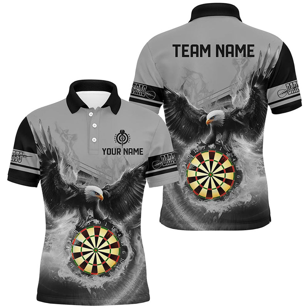 Personalized 3D Eagle Flying On Dart Board Fire Darts Shirts For Men Custom Darts Polo Grey, Darts Team Polo Shirt