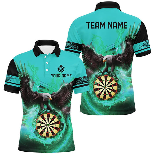 Personalized 3D Eagle Flying On Dart Board Fire Darts Shirts For Men Custom Darts Polo Turquoise, Darts Team Polo Shirt