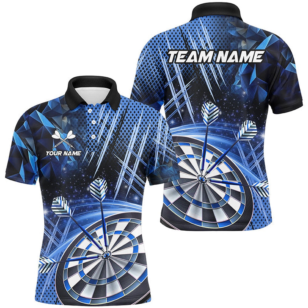 Personalized 3D Glitter Men Darts Shirts Custom Team Dart League Shirts Dart Polo Blue, Darts Team Polo Shirt