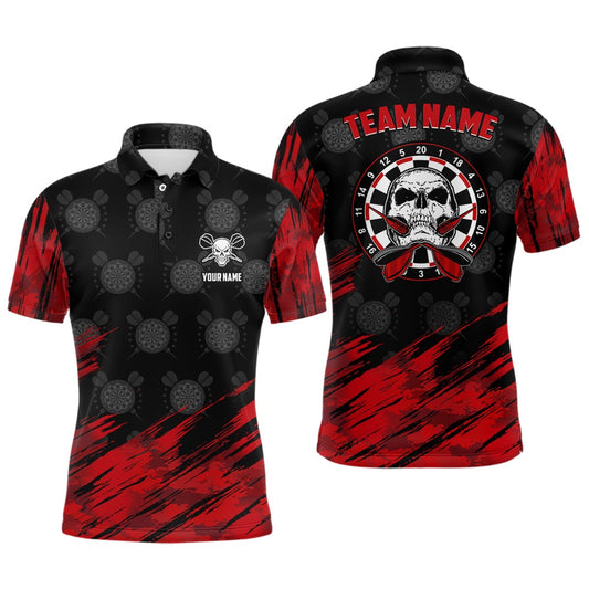 Personalized All Over Print Mens Skull Darts Polo Shirt Red Black Dart Polo For Men, Darts Team Polo Shirt