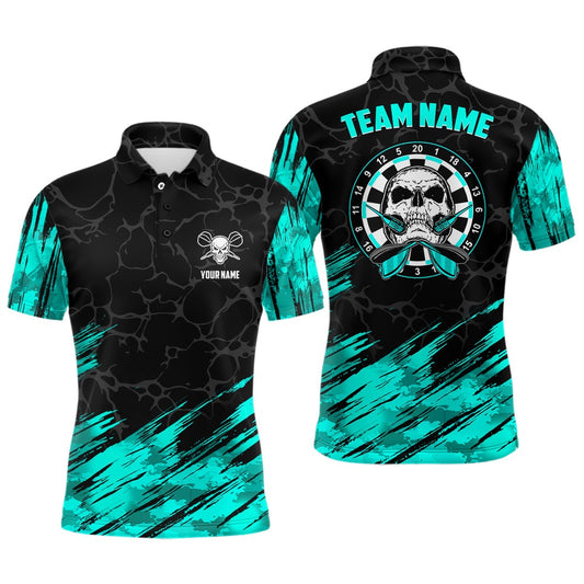 Personalized All Over Print Skull Darts Men Polo Shirt Turquoise Black Men Dart Polo, Darts Team Polo Shirt