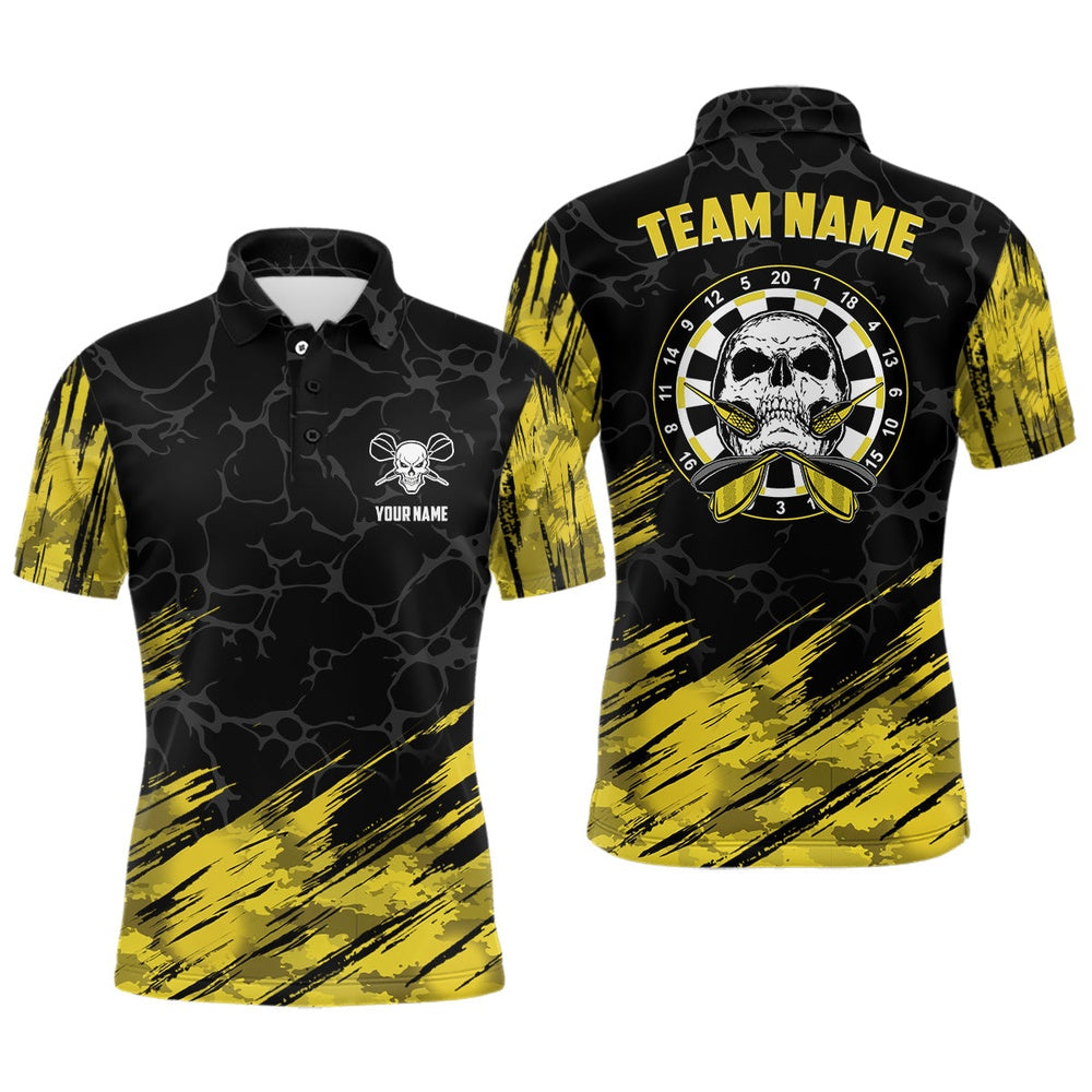 Personalized All Over Print Skull Darts Men Polo Shirt Yellow Black Men Dart Polo, Darts Team Polo Shirt