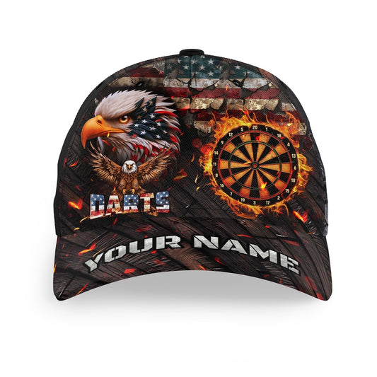 Personalized American Flag Dartboard Fire Flame Eagle Darts Hat Custom Patriotic 3D Dart Baseball Cap, Darts Team Cap Hats