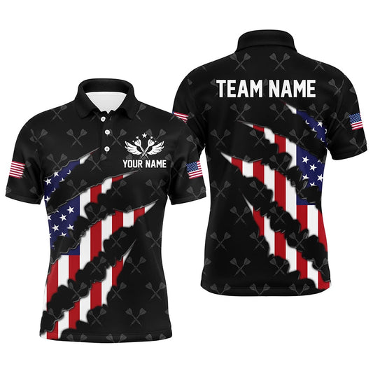 Personalized American Flag Darts Pattern Men Polo Shirts, Black Patriotic Dart Polo, Darts Team Polo Shirt