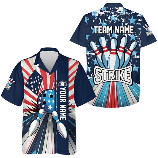 Personalized American Flag Retro Bowling Hawaiian Shirts, Patriotic Bowling Team Hawaiian, Bowling Team Hawaiian