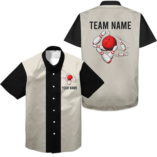 Personalized Beige And Black Retro Bowling Hawaiian Shirts, Custom Vintage Team Button Up Shirts, Bowling Team Hawaiian