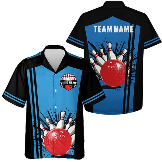 Personalized Black And Blueretro Bowling Hawaiian Shirts, Team Button Up Shirtsgift For Bowler, Bowling Team Hawaiian