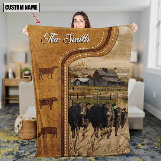 Personalized Black Angus Cattle In Field Farmhouse Blanket, Farm Blanket, Farm Animal Blanket