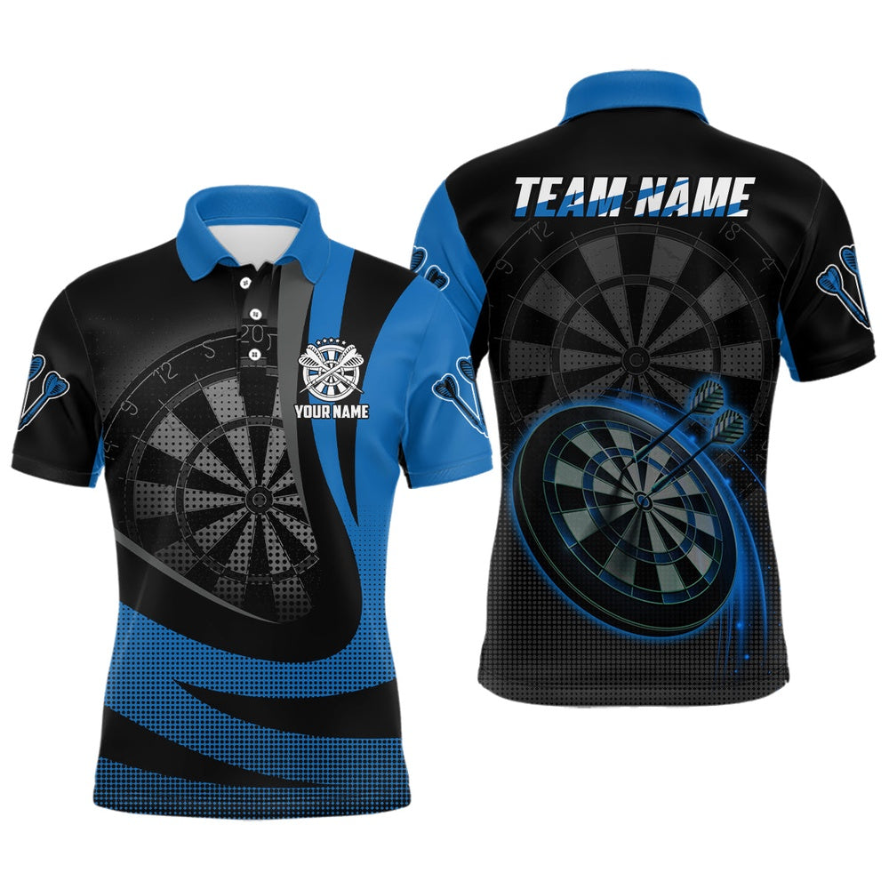 Personalized Black Blue 3D Mens Darts Polo Shirt Custom Cool Darts Team Polo For Men, Darts Team Polo Shirt