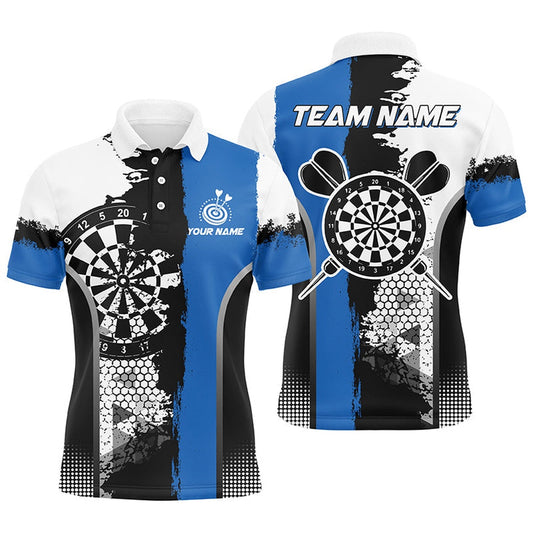 Personalized Black Blue Grunge Style Darts Polo Shirts For Men Custom Name Darts Team Polo, Darts Team Polo Shirt
