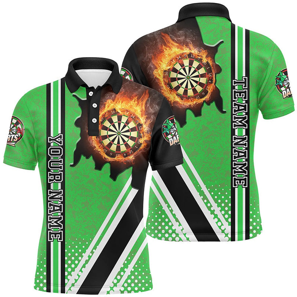 Personalized Black Green Darts Board Fire Flame Men Darts Polo Shirts Custom Dart Team Polo, Darts Team Polo Shirt