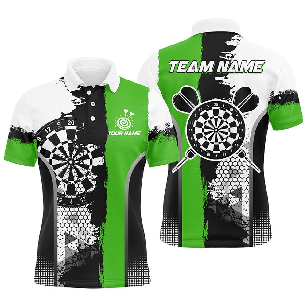 Personalized Black Green Grunge Style Darts Polo Shirts For Men Custom Name Darts Team Polo, Darts Team Polo Shirt