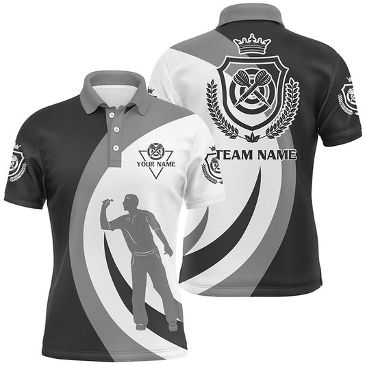 Personalized Black Grey Crown Emblem Custom Darts Polo Shirt Cool Dart Polo For Men, Darts Team Polo Shirt
