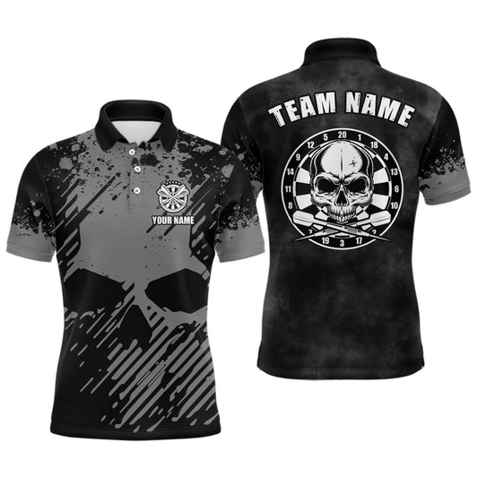 Personalized Black Grey Grunge Men Darts Polo Shirt Skull Darts Shirt For Men Dart Polo, Darts Team Polo Shirt