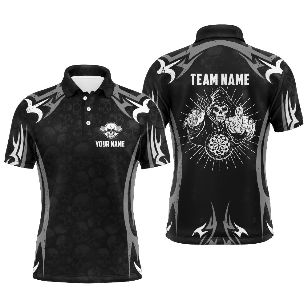 Personalized Black Grey Skull Reaper Darts Polo Shirt Custom Scary Darts Polo For Men, Darts Team Polo Shirt