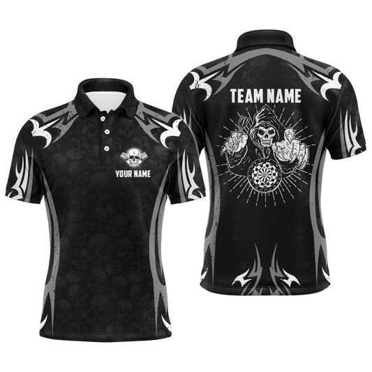 Personalized Black Grey Skull Reaper Darts Polo Shirt Custom Scary Darts Polo For Men, Darts Team Polo Shirt