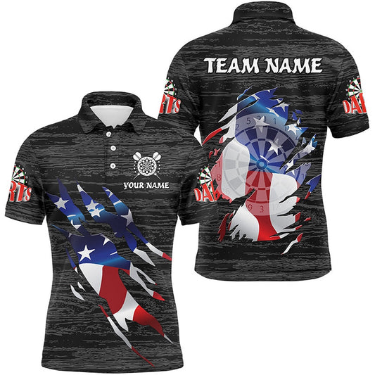 Personalized Black Grunge American Flag Darts Shirts For Men Custom Patriotic Darts Team Polo, Darts Team Polo Shirt