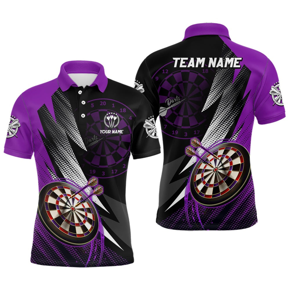 Personalized Black Purple Mens Darts Polo Shirt Custom Darts Shirt For Men Team Polo, Darts Team Polo Shirt