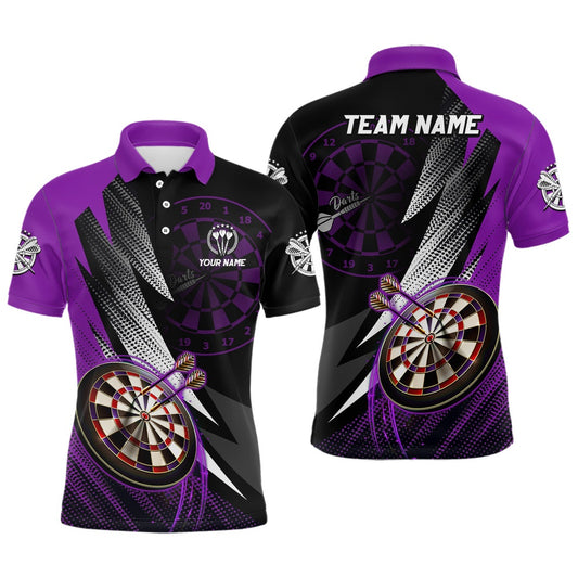 Personalized Black Purple Mens Darts Polo Shirt Custom Darts Shirt For Men Team Polo, Darts Team Polo Shirt