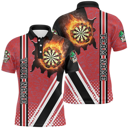 Personalized Black Red Darts Board Fire Flame Men Darts Polo Shirts Custom Dart Team Polo, Darts Team Polo Shirt