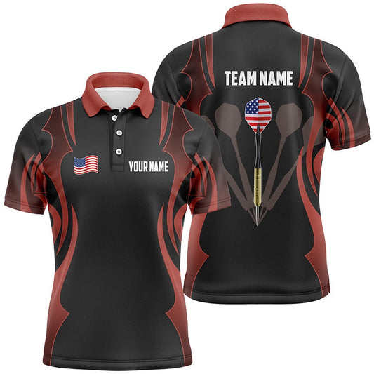 Personalized Black Red Mens Darts Polo Shirt American Flag Patriotic Dart Polo For Men, Darts Team Polo Shirt