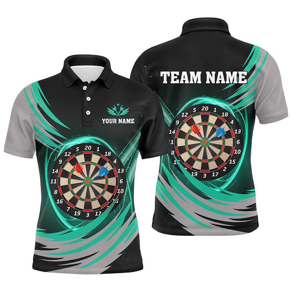 Personalized Black Turquoise Lighting Dart Board 3D Men Darts Polo Shirts Custom Darts Team Polo, Darts Team Polo Shirt