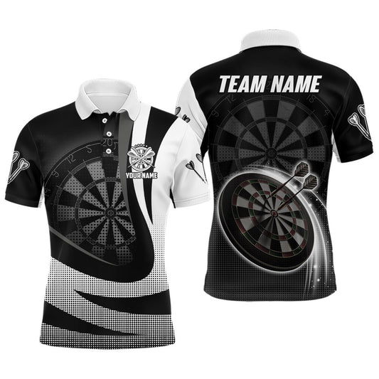Personalized Black White 3D Mens Darts Polo Shirt Custom Cool Darts Team Polo For Men, Darts Team Polo Shirt