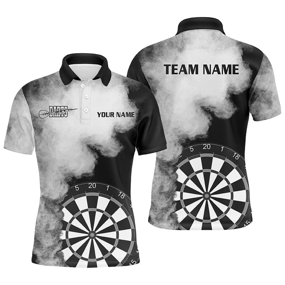 Personalized Black White Flame Mens Darts Polo Shirts Custom Dart Polo For Men Dart Team Shirts, Darts Team Polo Shirt