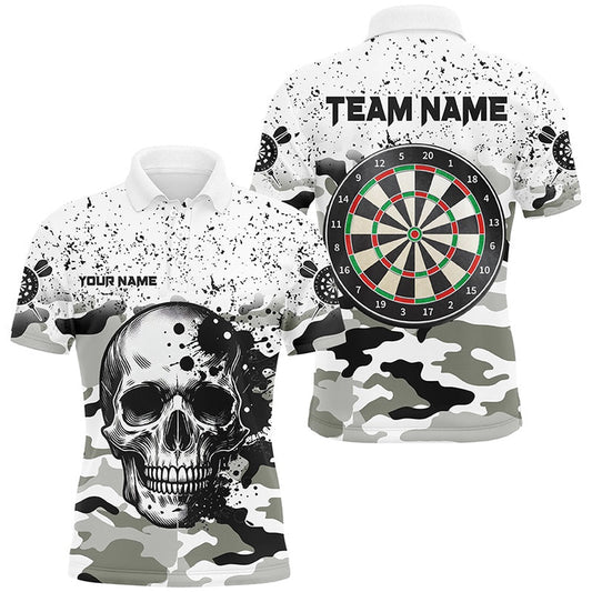 Personalized Black White Grunge Camo Skull Darts Shirts For Men Custom Unique Darts Team Polo, Darts Team Polo Shirt