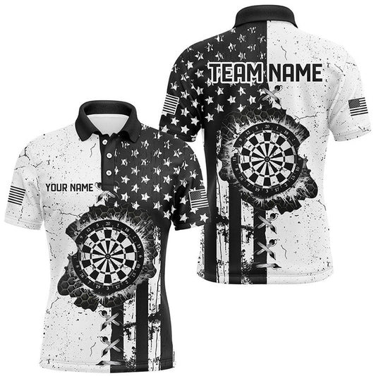 Personalized Black White Grunge US Flag Darts Shirts For Men Custom Patriotic Retro Darts Polo, Darts Team Polo Shirt