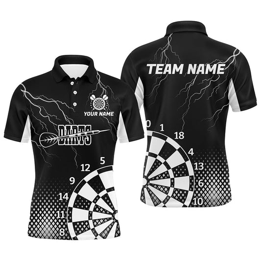 Personalized Black White Lightning Darts Shirts For Men Best Custom Cool Darts Team Polo, Darts Team Polo Shirt