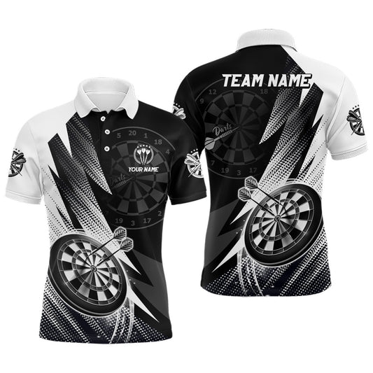 Personalized Black White Mens Darts Polo Shirt Custom Cool Darts Shirt For Men Team Polo, Darts Team Polo Shirt