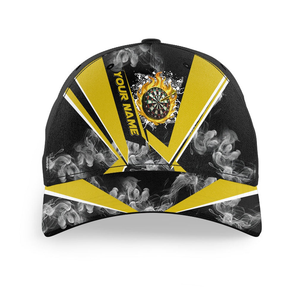 Personalized Black Yellow Smoke Darts Hat Gift For Player, 3D Printed Baseball Darts Caps, Darts Team Cap Hats