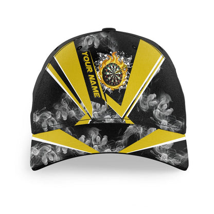 Personalized Black Yellow Smoke Darts Hat Gift For Player, 3D Printed Baseball Darts Caps, Darts Team Cap Hats