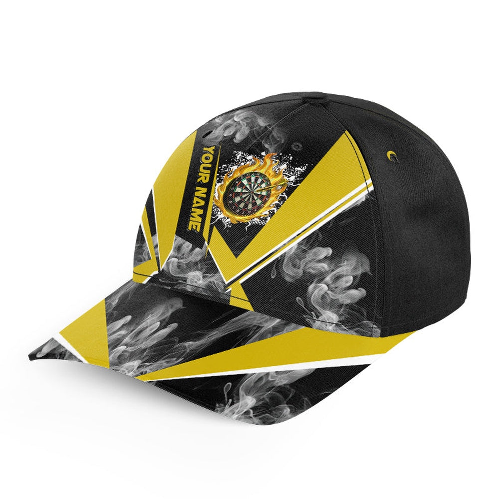 Personalized Black Yellow Smoke Darts Hat Gift For Player, 3D Printed Baseball Darts Caps, Darts Team Cap Hats