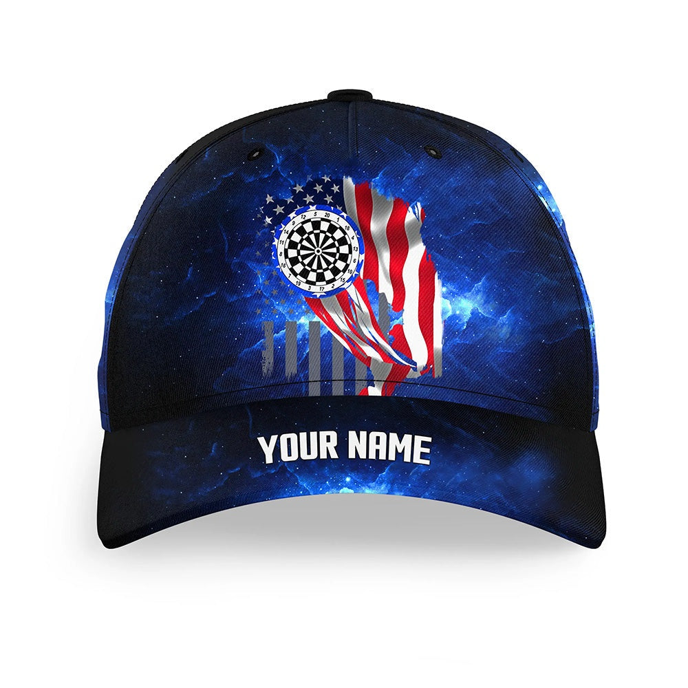 Personalized Blue Galaxy Patriotic US Flag Darts Hats Custom Name 3D Printed Baseball Darts Caps, Darts Team Cap Hats