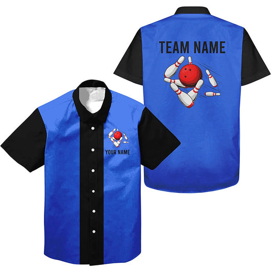 Personalized Blueblack Retro Bowling Hawaiian Shirts, Custom Vintage Team Button Up Shirts, Bowling Team Hawaiian