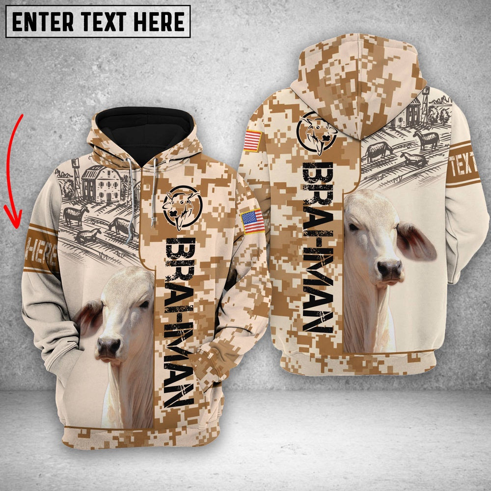 Personalized Brahman Brown Camo All Printed 3D Shirt, Farmer Hoodie, Custom Farm Shirts, Farmer T Shirt