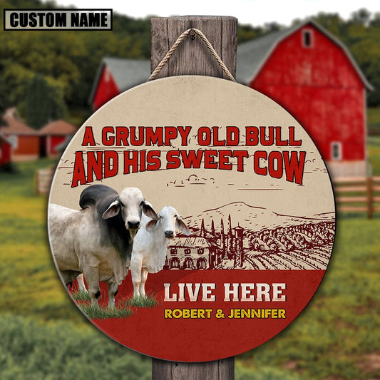 Personalized Brahman Cattle Grumpy Old Bull And His Sweet Cow Wooden Sign, Farm Wood Sign, Farm House Wood Signs