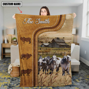 Personalized Brahman Cattle In Field Farmhouse Blanket, Farm Blanket, Farm Animal Blanket