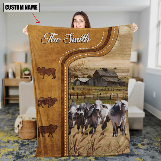 Personalized Brahman Cattle In Field Farmhouse Blanket, Farm Blanket, Farm Animal Blanket