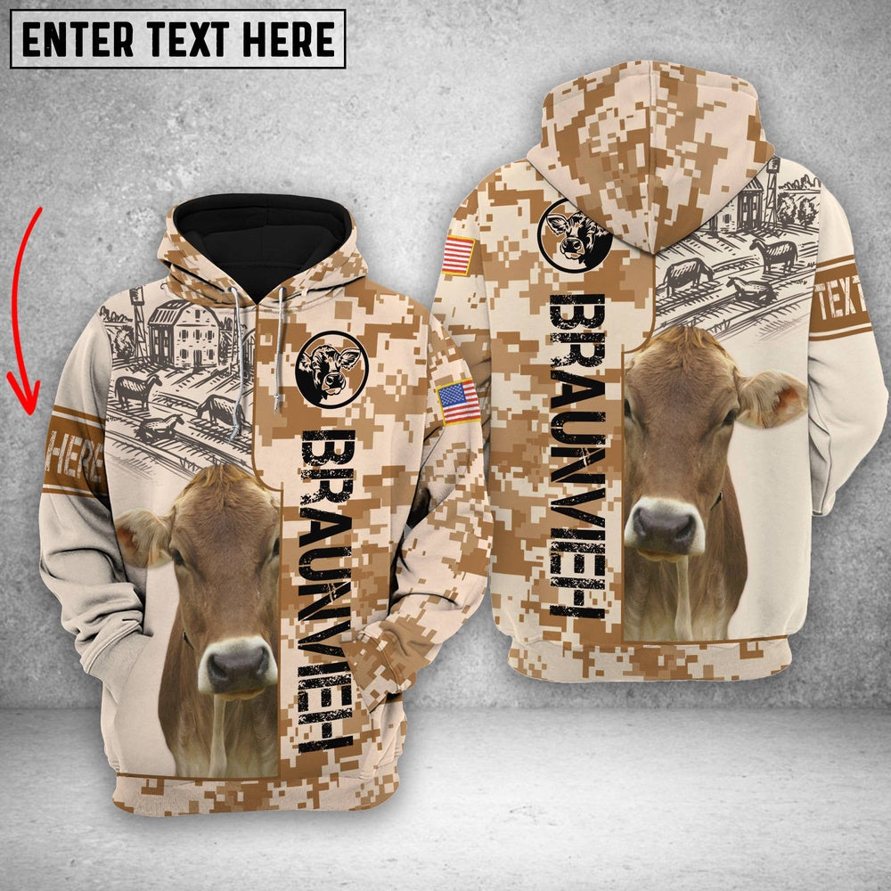 Personalized Braunvieh Brown Camo All Printed 3D Shirt, Farmer Hoodie, Custom Farm Shirts, Farmer T Shirt