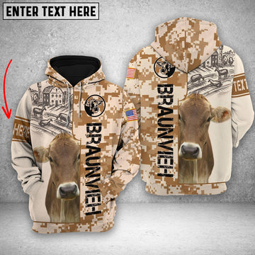Personalized Braunvieh Brown Camo All Printed 3D Shirt, Farmer Hoodie, Custom Farm Shirts, Farmer T Shirt