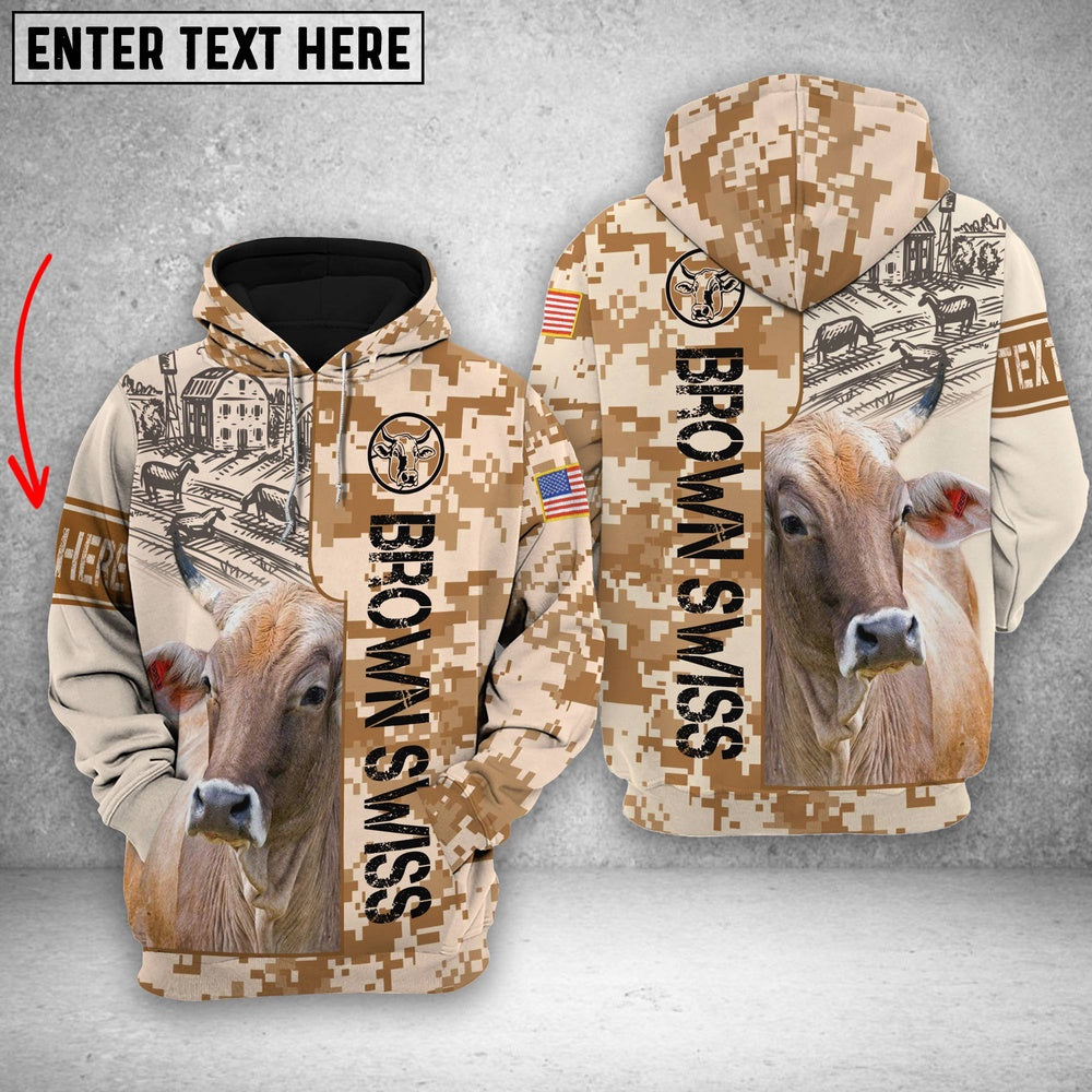 Personalized Brown Swiss Brown Camo All Printed 3D Shirt, Farmer Hoodie, Custom Farm Shirts, Farmer T Shirt